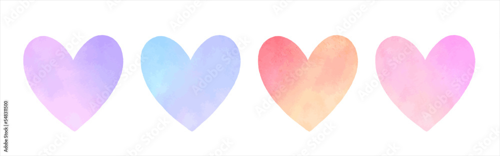 Colorful vector watercolor hearts set. Valentine's day frames, greeting text backgrounds, hand drawn design elements, card templates. Gradient watercolour heart shapes with artistic edges collection.