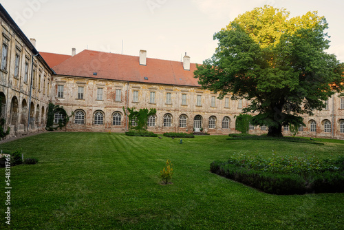 Courtyard with peacocks of Benedictine monastery in Rajhrad., Czech Republic. © AS Photo Family
