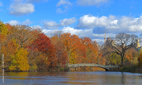 Fototapeta Naklejka Na Ścianę i Meble -  Bow Bridge, cast iron bridge in Central Park, New York City, crossing Lake and used as pedestrian walkway. Golden autumn