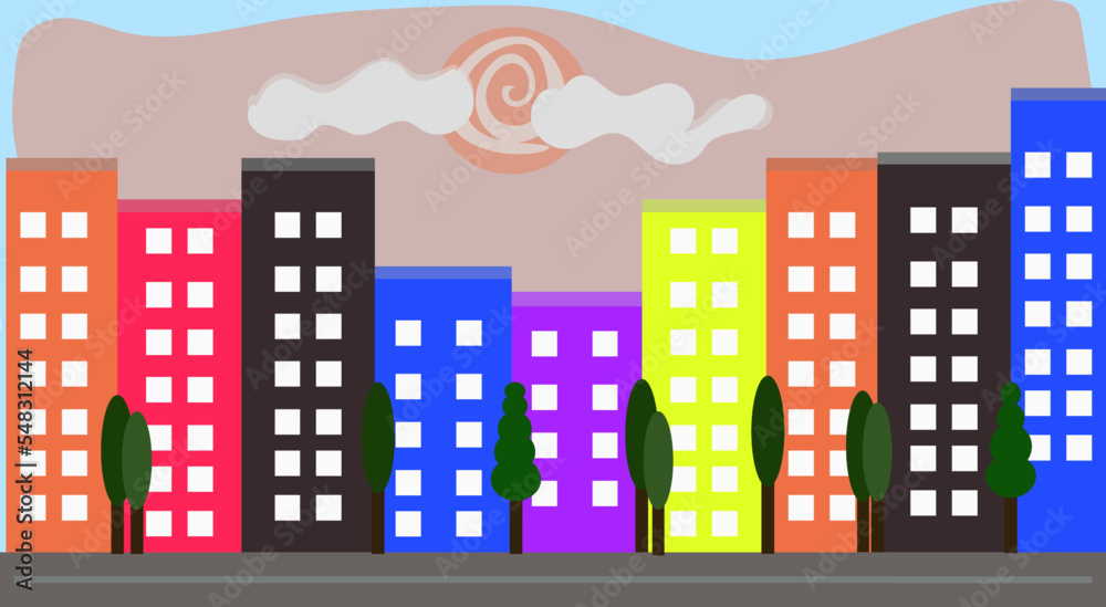 Colorful houses illustration vector with sun and sky background.