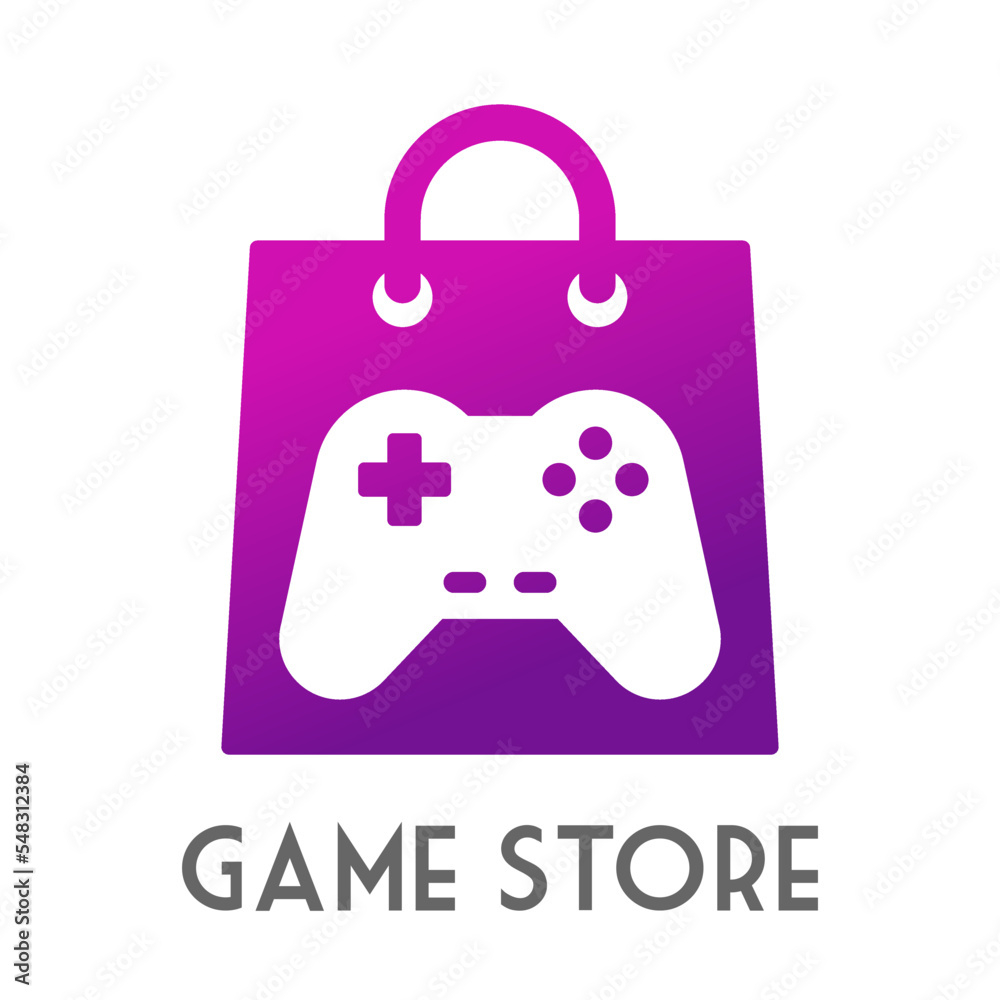 Logo con texto Game Store con joystick gamer en espacio negativo sobre bolsa de la compra