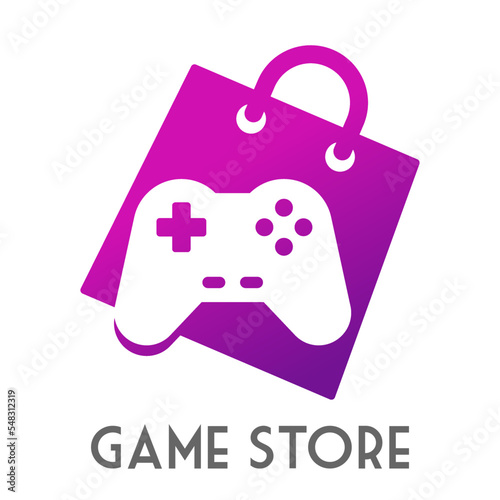 Logo con texto Game Store con joystick gamer en espacio negativo sobre bolsa de la compra