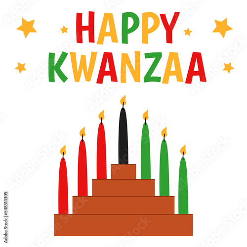 Seven candles in kinara. Vector illustration of Happy Kwanzaa. Holiday african symbols with lettering on white background.