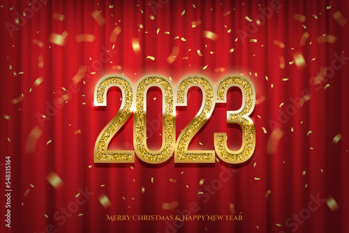 Golden 2023 number vector illustration. Merry Christmas and Happy new year banner template. Festive postcard, xmas greeting card design with red curtain and snowfall, holiday congratulations.