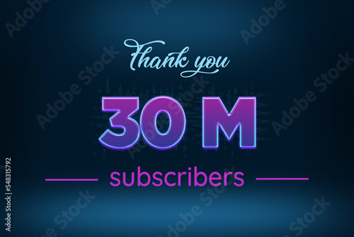 30 Million subscribers celebration greeting banner with Purple Glowing Design