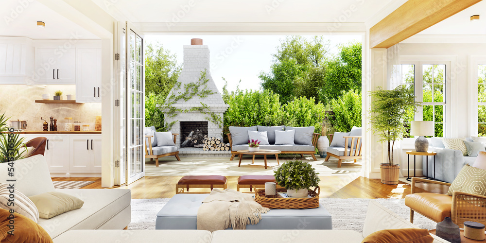 Open plan living room with white kitchen. Cozy patio with a fireplace - obrazy, fototapety, plakaty 
