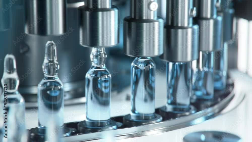 Close-up of Medical Ampoule Production Line at Modern Modern Pharmaceutical Factory. Glass Ampoules are being Filled. Medication Manufacturing Process.
