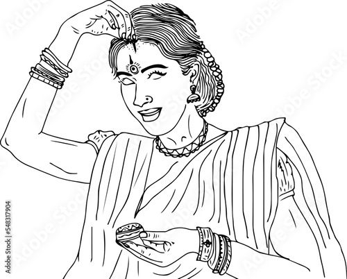 Indian traditional woman putting sindoor in her forehead, Indian wedding rituals Sindoor on the forehead sketch drawing illustration, Bindi And sindoor of indian bride vector clip art photo