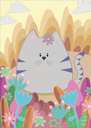 Ilustración vectorial de gatito con flores