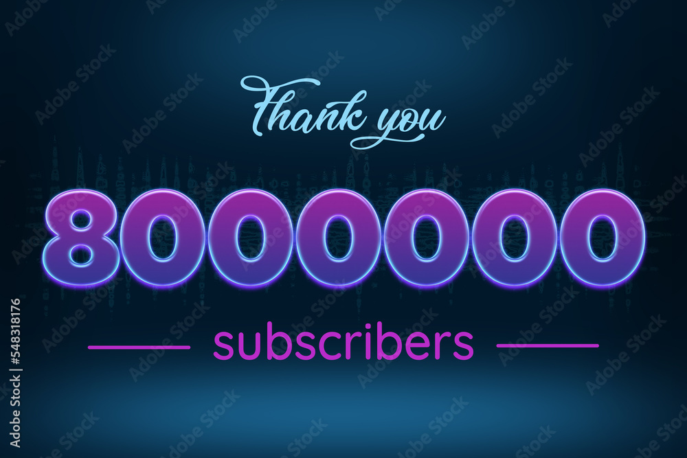 8000000 subscribers celebration greeting banner with Purple Glowing Design