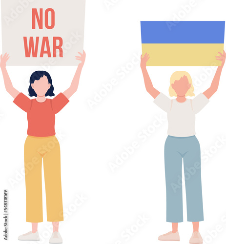 Women holding poster semi flat color raster characters set. Posing figure. Full body people on white. Stop war in Ukraine simple cartoon style illustration pack for web graphic design and animation