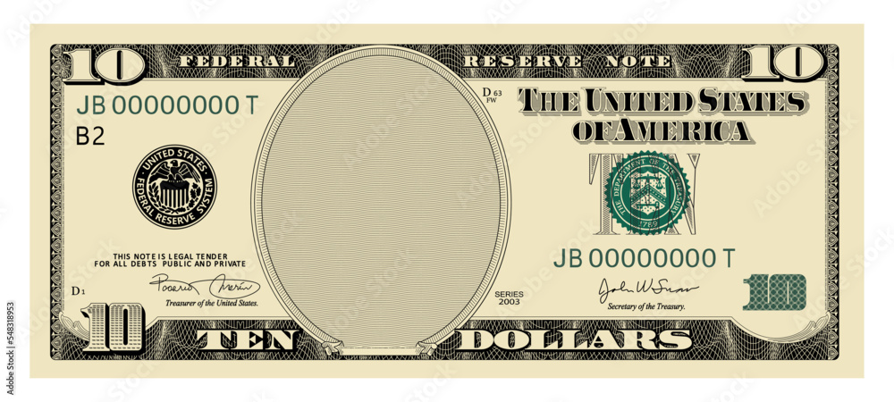 US Dollars 10 banknote - American dollar bill cash money isolated on white background - ten dollars - obrazy, fototapety, plakaty 
