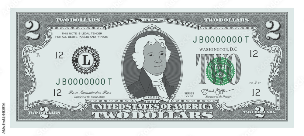 US Dollars 2 banknote - American dollar bill cash money isolated on white background - two dollars - obrazy, fototapety, plakaty 