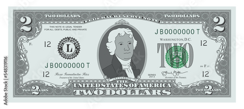 US Dollars 2 banknote - American dollar bill cash money isolated on white background - two dollars photo