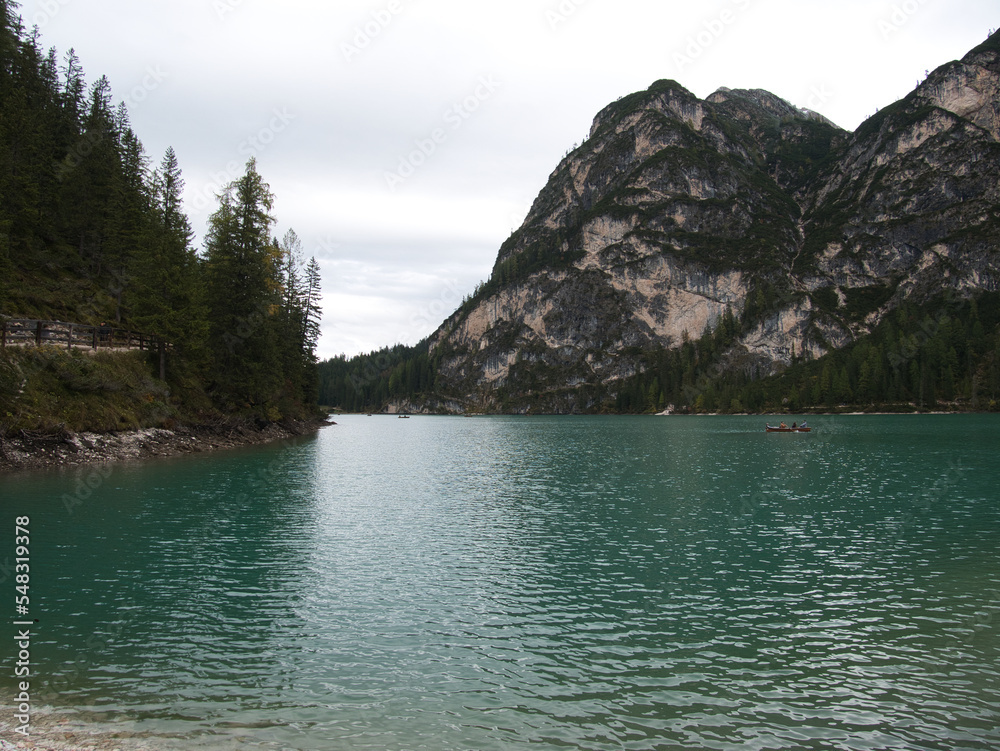 On the trails around Braies Lake in the fall. Dolomites, Italy. On the trails around Braies Lake in the fall. Dolomites, Italy.