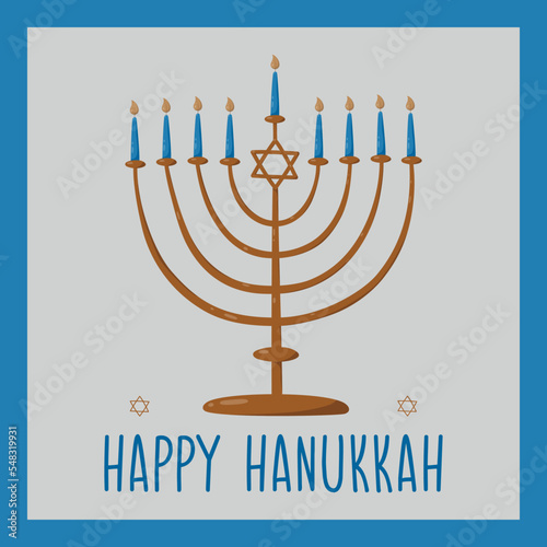 Greeting card Happy Hanukkah, Menorat Hanukkah, cartoon hand drawn illustration