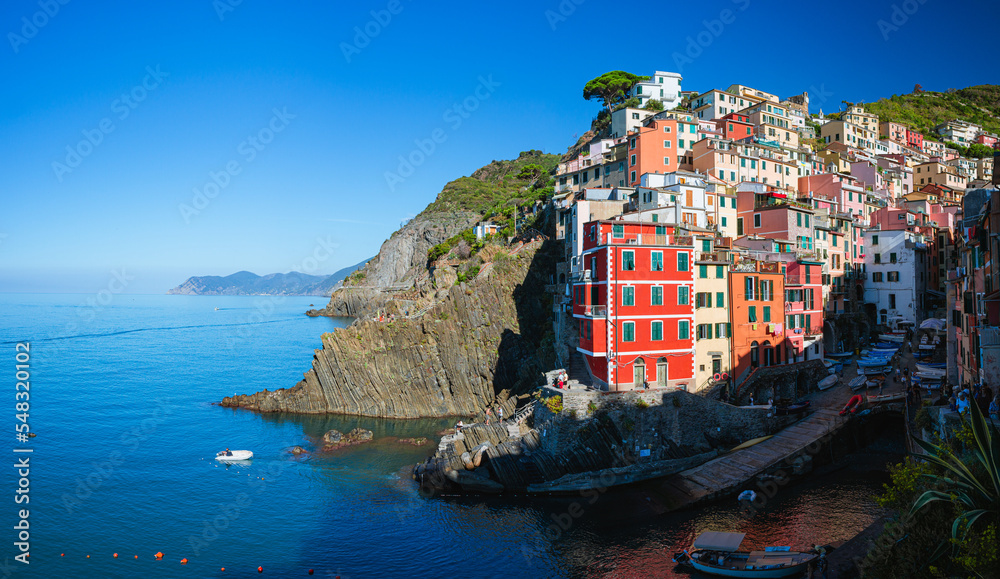 The village of Riomaggiore, Italy, one of the five towns of the Cinque Terre, during an autumn morning - October 2022.
