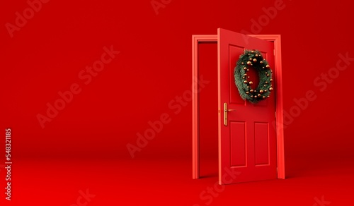 Festive christmas wreath of fir branches at a red open front door. 3D Rendering photo