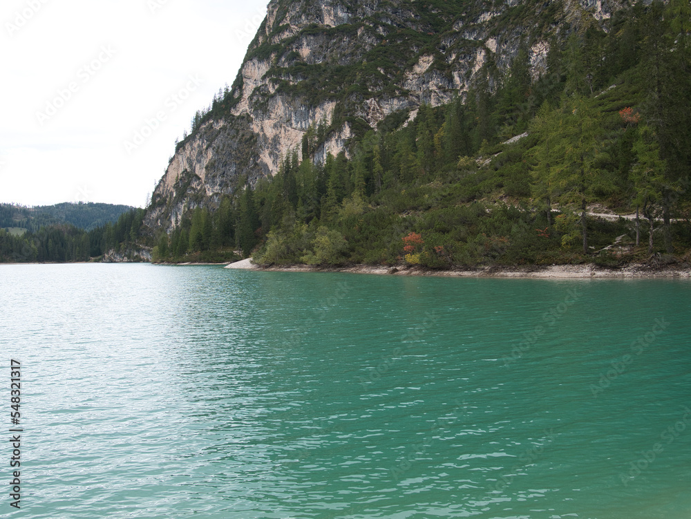On the trails around Braies Lake in the fall. Dolomites, Italy. On the trails around Braies Lake in the fall. Dolomites, Italy.