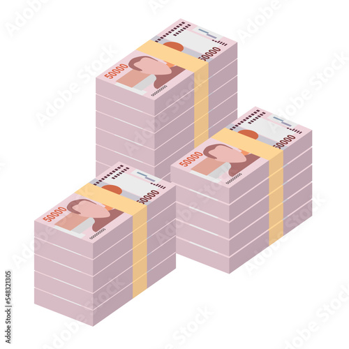 Lao Kip Vector Illustration. Laos money set bundle banknotes. Paper money 50000 LAK. Flat style. Isolated on white background. Simple minimal design.