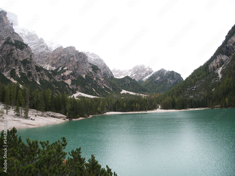 On the trails around Braies Lake in the fall. Dolomites, Italy. On the trails around Braies Lake in the fall. Dolomites, Italy.