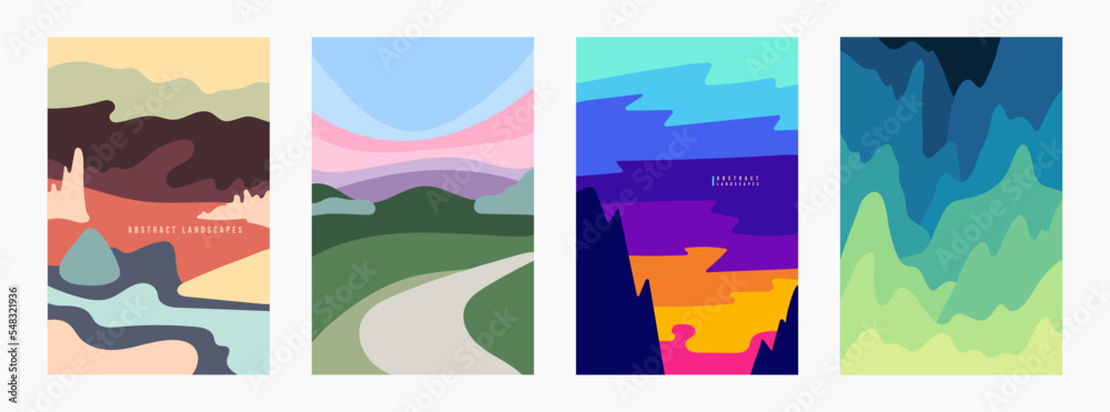 Abstract Landscapes. Set of colorful sky, green hills, field, grass. Nature, tourism, travel concept. Hand drawn trendy background, wallpaper, poster. Flat design. Vertical vector illustration.