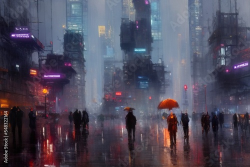 computer generated futuristic dystopian city landscape. people in the street digital painting rainy dark urban landscape. © maciek