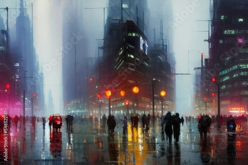computer generated futuristic dystopian city landscape. people in the street digital painting rainy dark urban landscape cityscape.