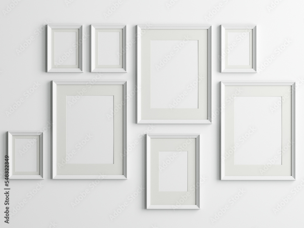 Gallery wall mockup, white frames on the wall, minimalist frame mockup, 3d render Gallery wall mockup, white frames on the wall, minimalist frame mockup, 3d render