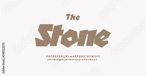Modern teen font, heavy stones typeset for streetwear, skateboard logo. Rough funny alphabet, primeval style uppercase and lowercase letters. Vector typographic design