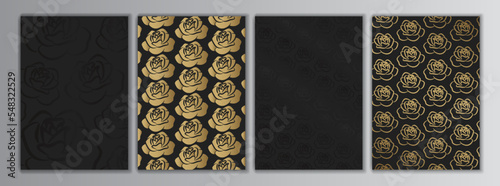 Black Gold Rose Elegant Background Texture Set. Flower Frame Collection