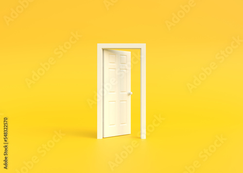 Fototapeta Naklejka Na Ścianę i Meble -  Open white door in a room with a yellow background. Architectural design element. Minimal creative concept. 3d rendering 3d illustration