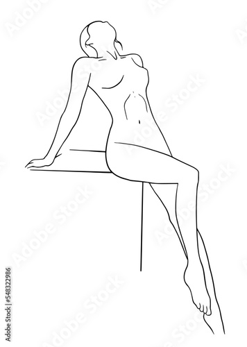 Naked Woman outline silhouette. Continuous vector line style, beautiful illustration of naked female body, abstract texture. Minimal female portrait. Fashion concept, woman line print.