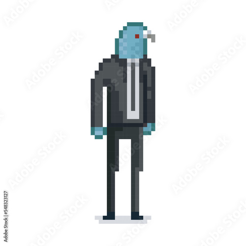 Illustration of a pigeon man , pixel art meme