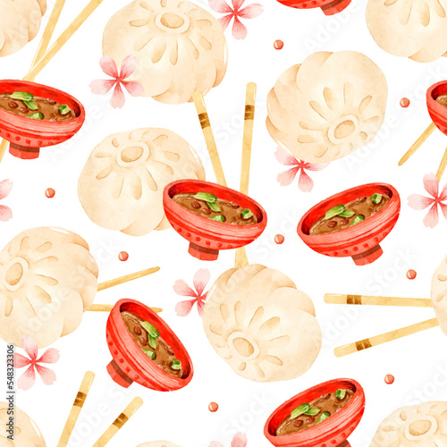 Japanese dumplings with sauce watercolor seamless pattern 