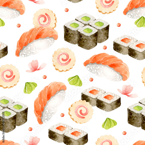 Fototapeta Sushi with salmon and avocado, wasabi and sakura flowers watercolor seamless pat