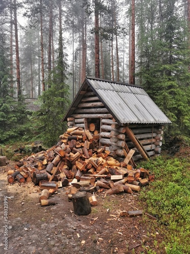 Small wooden house full of wood supplies with a pile of firewood in front of it. Paanajarvi National Park, Karelia.  © Alexandra Selina