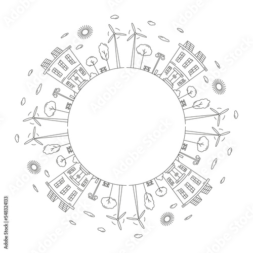 Round frame with a drawing of a city landscape  made in the style of line art. Element for creating a logo or emblem. Editable stroke.