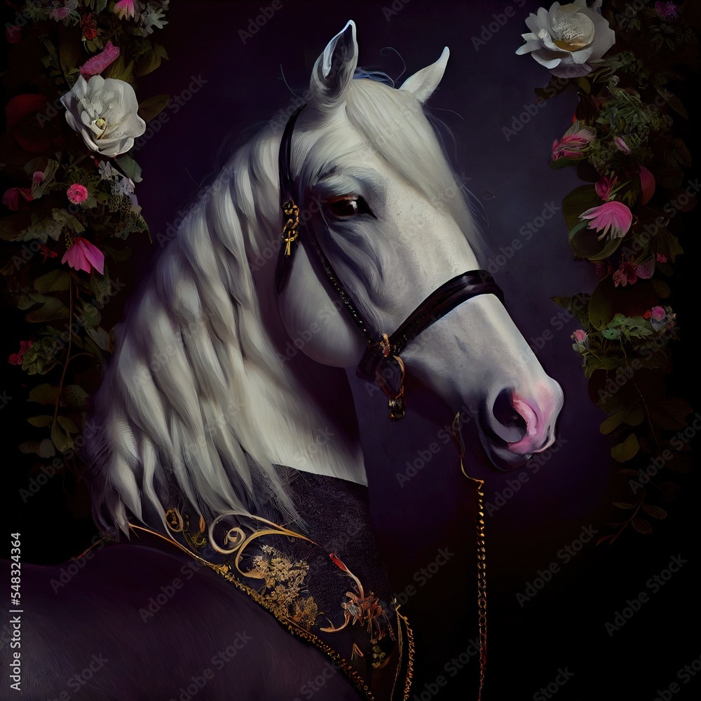 Mystical Unicorn With A Beautiful Mane And Flowers. A Magical Fairy ...