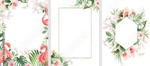 Watercolor wedding frame set. Tropical wedding design template. Flamingos  palm leaves  exotic flowers. Hand drawn illustration