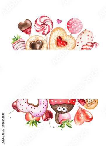 Watercolor valentines sweets frame. Hand drawn banner with candy, berries, cookies. Valentine's day card template. Cartoon creative design illustration for greeting cards, postcard, poster.
