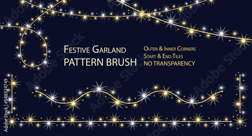 Pattern seamless brush with festive garland like sparkler. White and light yellow glowing sparkles, stars on wire strings. Full completed brush with corners, start and end tiles. No transparency