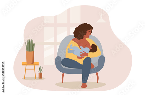 A woman sits at home in a chair and feeds a baby with breast milk. Mother and newborn together. Vector graphics.