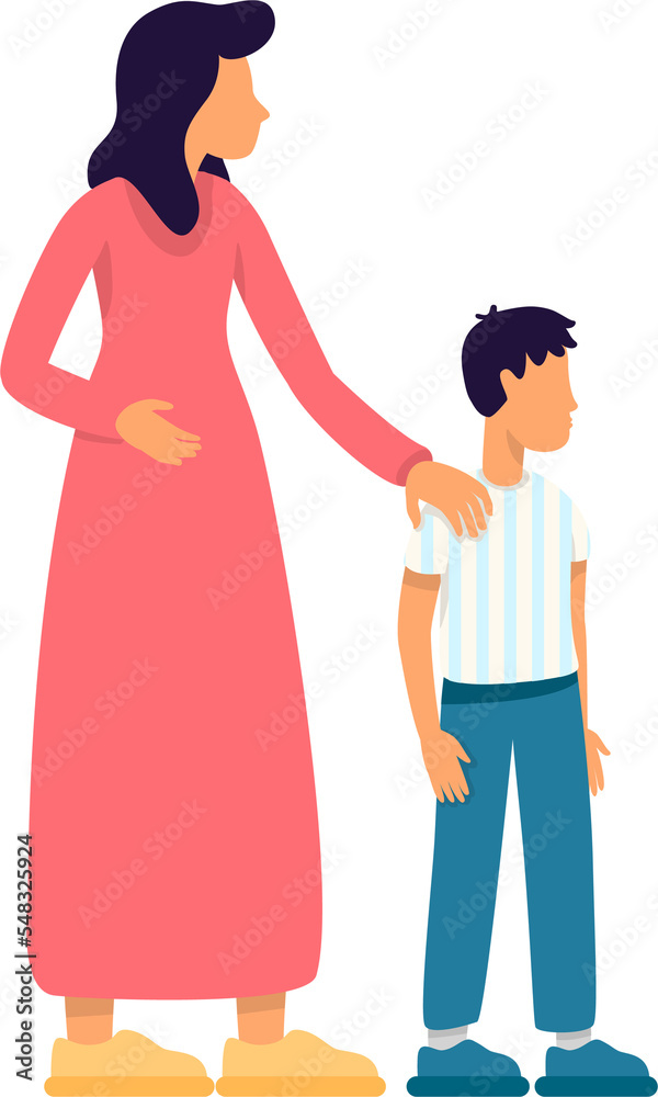 Disturbed woman holding son shoulder semi flat color raster characters. Standing figures. Full body people on white. Simple cartoon style illustration for web graphic design and animation Disturbed woman holding son shoulder semi flat color raster characters. Standing figures. Full body people on white. Simple cartoon style illustration for web graphic design and animation