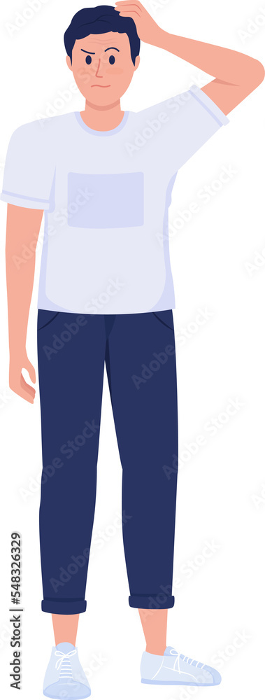 Questioning semi flat color raster character. Standing figure. Full body person on white. Pensive and doubtful man simple cartoon style illustration for web graphic design and animation Questioning semi flat color raster character. Standing figure. Full body person on white. Pensive and doubtful man simple cartoon style illustration for web graphic design and animation