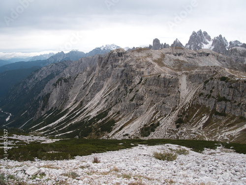 Panoramic views in autumn from above along Tre Cime di Lavaredo. Dolomites  Italy.