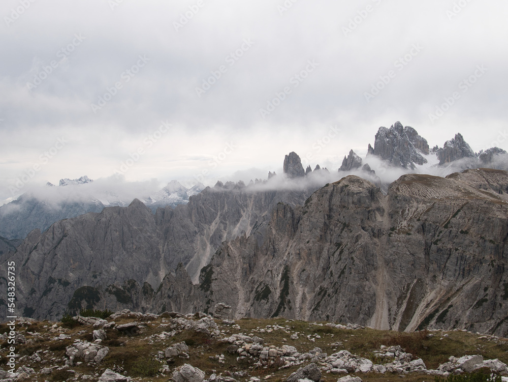 Panoramic views in autumn from above along Tre Cime di Lavaredo. Dolomites, Italy.