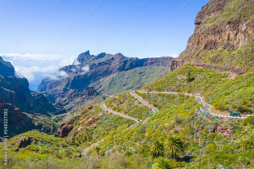 Winding serpentine road heading to Masca mountain village in Tenerife island