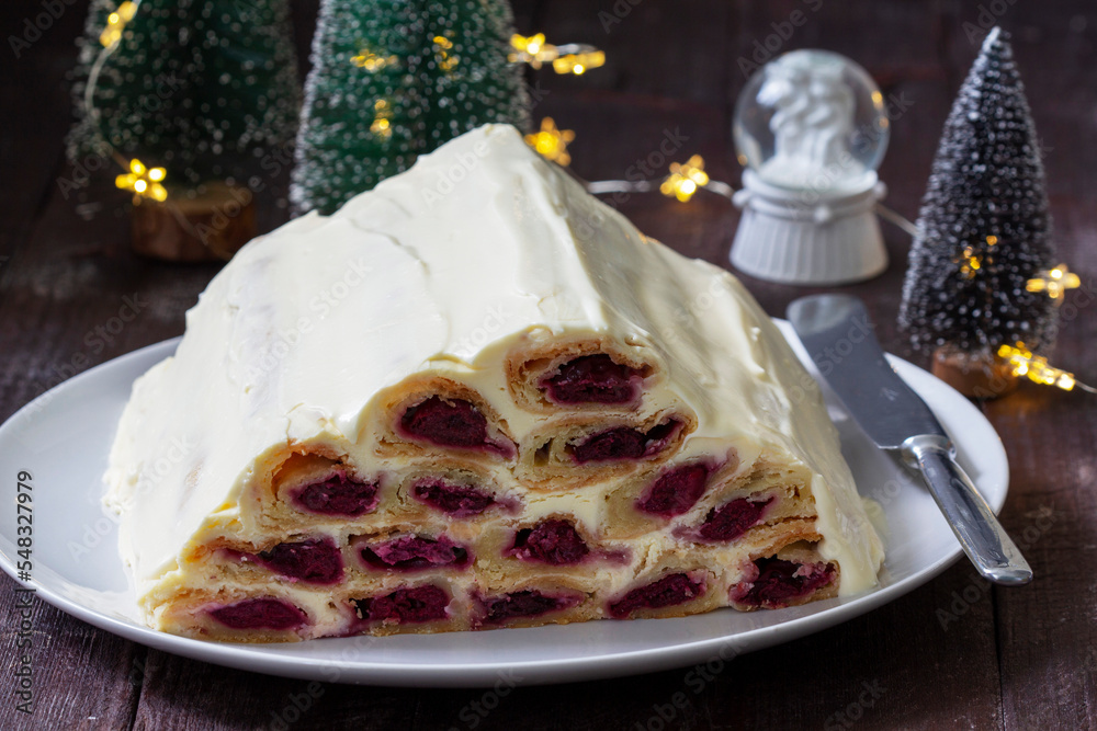 Monastery hut, a popular Soviet cake with cherry filling and sour cream.