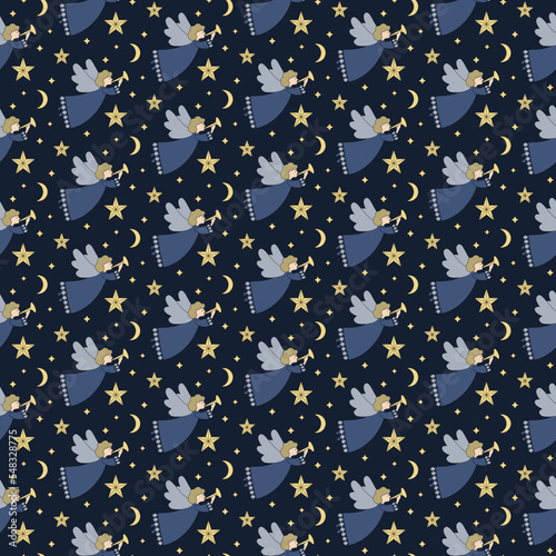 Seamless pattern Christmas angel with trumpet
